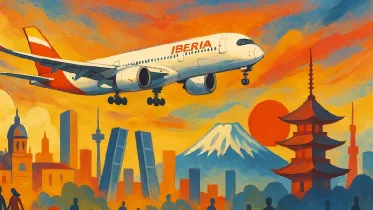 Ilustraci�n generada con IA, sobre los vuelos de Iberia entre Madrid y Tokio.