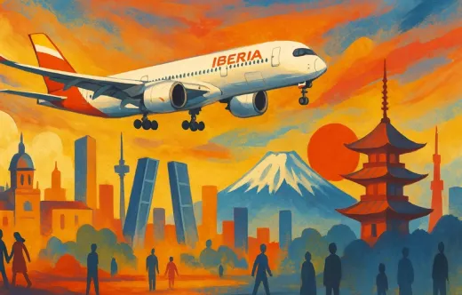 Ilustraci�n generada con IA, sobre los vuelos de Iberia entre Madrid y Tokio.