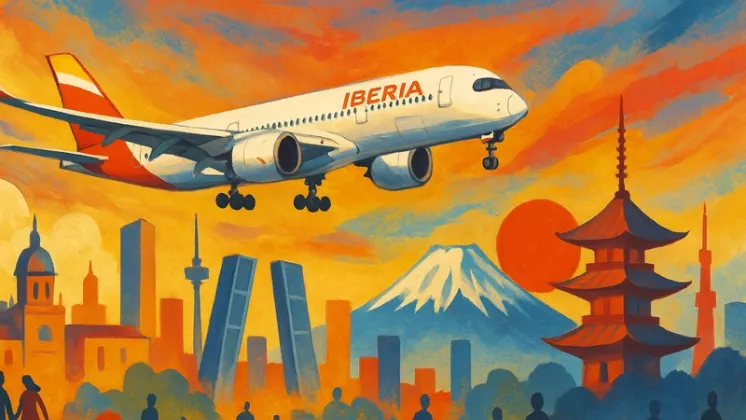 Ilustraci�n generada con IA, sobre los vuelos de Iberia entre Madrid y Tokio.