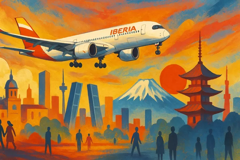 Ilustración generada con IA, sobre los vuelos de Iberia entre Madrid y Tokio. Ilustración generada con IA, sobre los vuelos de Iberia entre Madrid y Tokio.