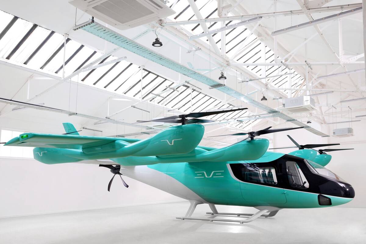 Aeronave eléctrica de despegue y aterrizaje vertical (eVTOL) desarrollada por Eve Air Mobility. Aeronave eléctrica de despegue y aterrizaje vertical (eVTOL) desarrollada por Eve Air Mobility.