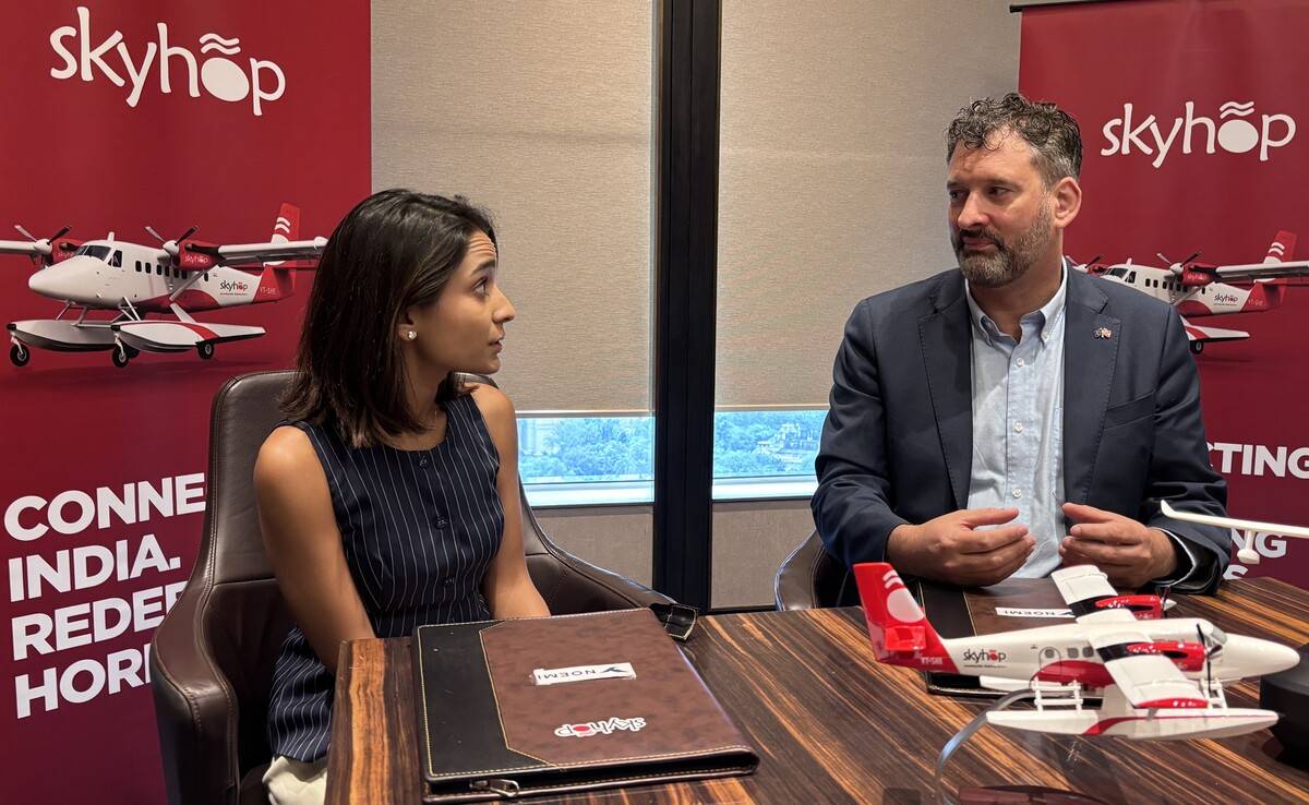 De izquierda a derecha, Avani Singh, fundadora y directora ejecutiva de SkyHop Aviation, y Eric Lithun, que tiene los mismos atributos en Noemi Aerospace. De izquierda a derecha, Avani Singh, fundadora y directora ejecutiva de SkyHop Aviation, y Eric Lithun, que tiene los mismos atributos en Noemi Aerospace.