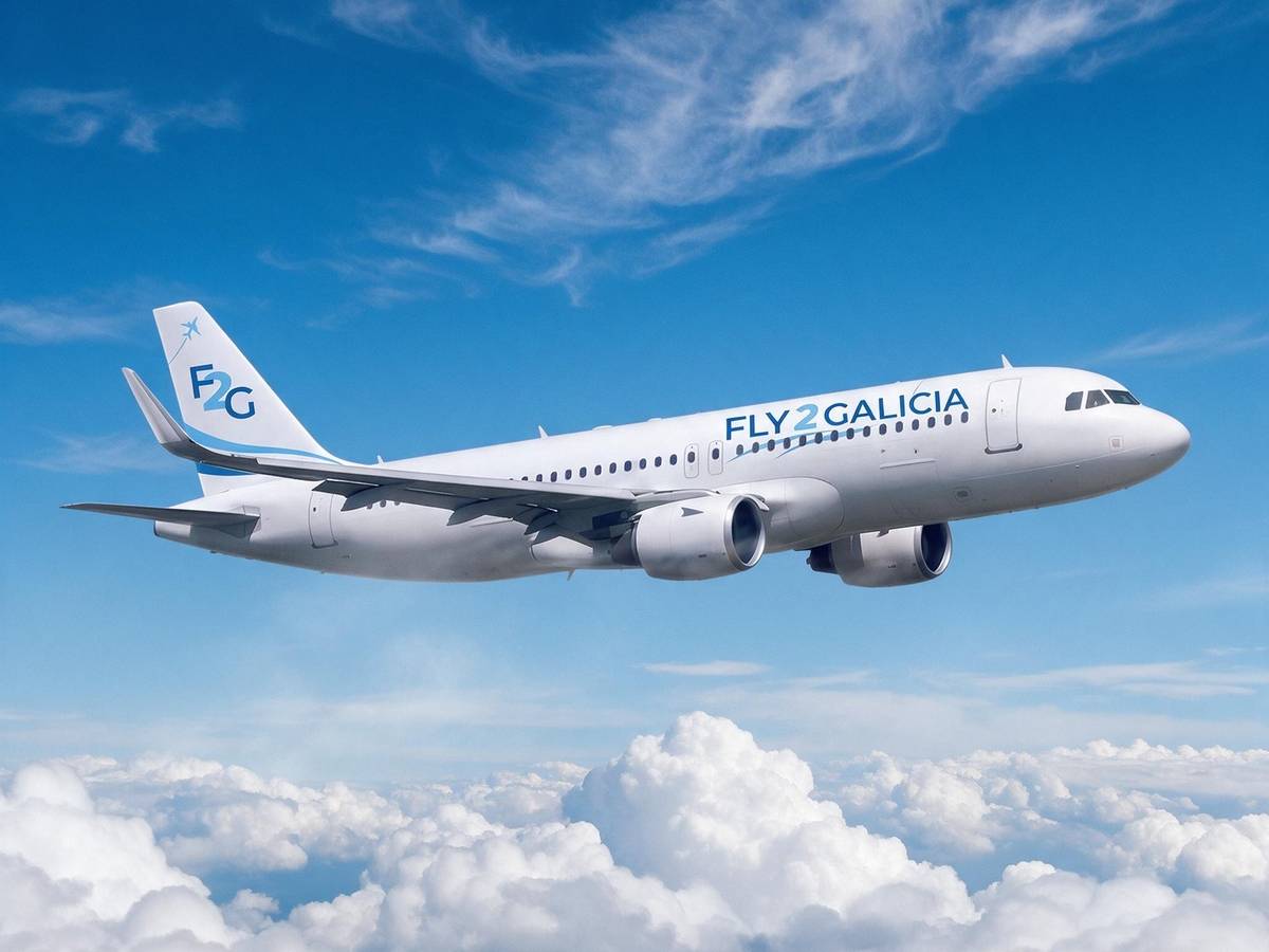Recreación digital de un avión con la decoración de Fly2Galicia. Foto: Fly2Galicia Recreación digital de un avión con la decoración de Fly2Galicia. Foto: Fly2Galicia