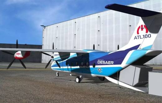 Recreaci�n digital del Bimotor ATL-100 visto desde atr�s con el port�n de carga abierto. Foto: Desaer