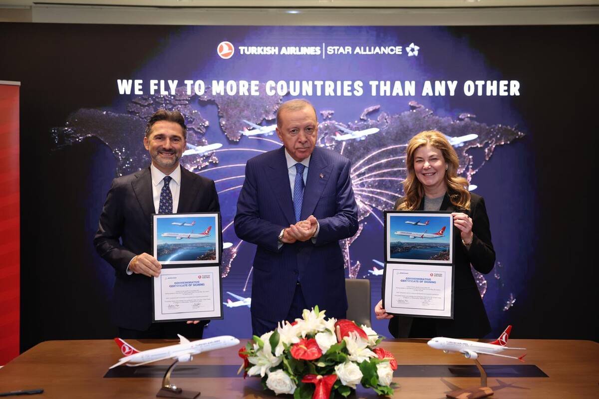 Murat Şeker, presidente del Consejo de Administración y del Comité Ejecutivo de Turkish Airlines, y la vicepresidenta ejecutiva de The Boeing Company y presidenta y directora ejecutiva de Boeing Commercial Airplanes (BCA), posan junto al presidente de la República de Turquía, Recep Tayyip Erdoğan (centro), tras el anuncio del acuerdo de Turkish Airlines con Boeing para la adquisición de 150 Boeing 737 MAX. Foto: Turkish Airlines Murat Şeker, presidente del Consejo de Administración y del Comité Ejecutivo de Turkish Airlines, y la vicepresidenta ejecutiva de The Boeing Company y presidenta y directora ejecutiva de Boeing Commercial Airplanes (BCA), posan junto al presidente de la República de Turquía, Recep Tayyip Erdoğan (centro), tras el anuncio del acuerdo de Turkish Airlines con Boeing para la adquisición de 150 Boeing 737 MAX. Foto: Turkish Airlines