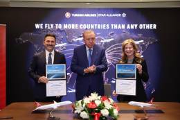 Murat Şeker, presidente del Consejo de Administraci�n y del Comit� Ejecutivo de Turkish Airlines, y la vicepresidenta ejecutiva de The Boeing Company y presidenta y directora ejecutiva de Boeing Commercial Airplanes (BCA), posan junto al presidente de la Rep�blica de Turqu�a, Recep Tayyip Erdoğan (centro), tras el anuncio del acuerdo de Turkish Airlines con Boeing para la adquisici�n de 150 Boeing 737 MAX. Foto: Turkish Airlines