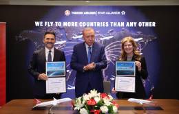 Murat Şeker, presidente del Consejo de Administración y del Comité Ejecutivo de Turkish Airlines, y la vicepresidenta ejecutiva de The Boeing Company y presidenta y directora ejecutiva de Boeing Commercial Airplanes (BCA), posan junto al presidente de la República de Turquía, Recep Tayyip Erdoğan (centro), tras el anuncio del acuerdo de Turkish Airlines con Boeing para la adquisición de 150 Boeing 737 MAX. Foto: Turkish Airlines