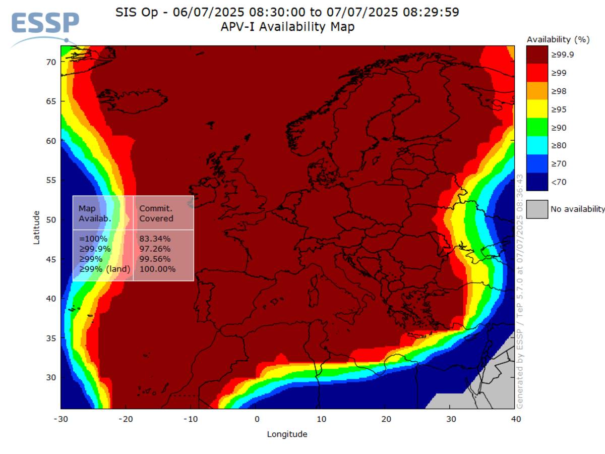 Cobertura del sistema EGNOS obtenida en tiempo real el 7 de julio de 2025.