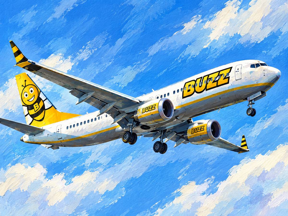 Ilustración generada con IA de un avión de la marca Buzz, de Ryanair Sun. Ilustración generada con IA de un avión de la marca Buzz, de Ryanair Sun.