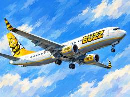 Ilustraci�n generada con IA de un avi�n de la marca Buzz, de Ryanair Sun.