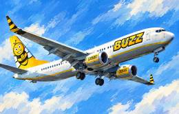 Ilustración generada con IA de un avión de la marca Buzz, de Ryanair Sun.