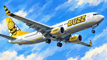 Ilustraci�n generada con IA de un avi�n de la marca Buzz, de Ryanair Sun.