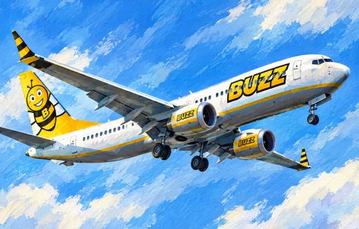 Ilustraci�n generada con IA de un avi�n de la marca Buzz, de Ryanair Sun.