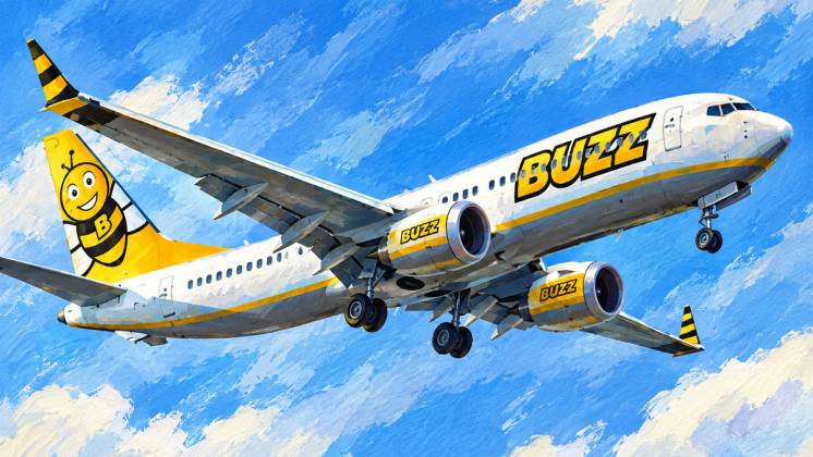 Ilustraci�n generada con IA de un avi�n de la marca Buzz, de Ryanair Sun.