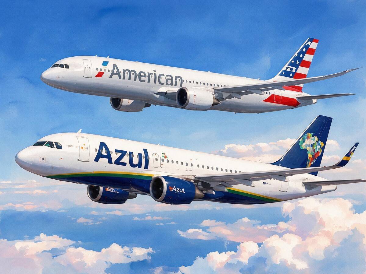 Ilustración generada con IA con un avión de American Airlines y otro de Azul. Ilustración generada con IA con un avión de American Airlines y otro de Azul.