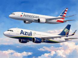 Ilustraci�n generada con IA con un avi�n de American Airlines y otro de Azul.