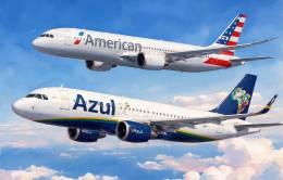 Ilustración generada con IA con un avión de American Airlines y otro de Azul.