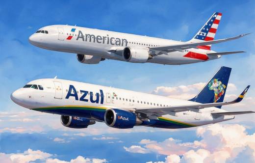 Ilustraci�n generada con IA con un avi�n de American Airlines y otro de Azul.