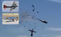 Composición con captura del vídeo del accidente y dos fotos estáticas de Alan Wilson de los aviones accidentados B-17G "Texas Raiders" el P-63F Kingcobra.