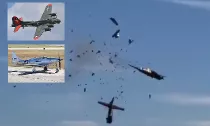 Composicin con captura del vdeo del accidente y dos fotos estticas de Alan Wilson de los aviones accidentados B-17G "Texas Raiders" el P-63F Kingcobra.
