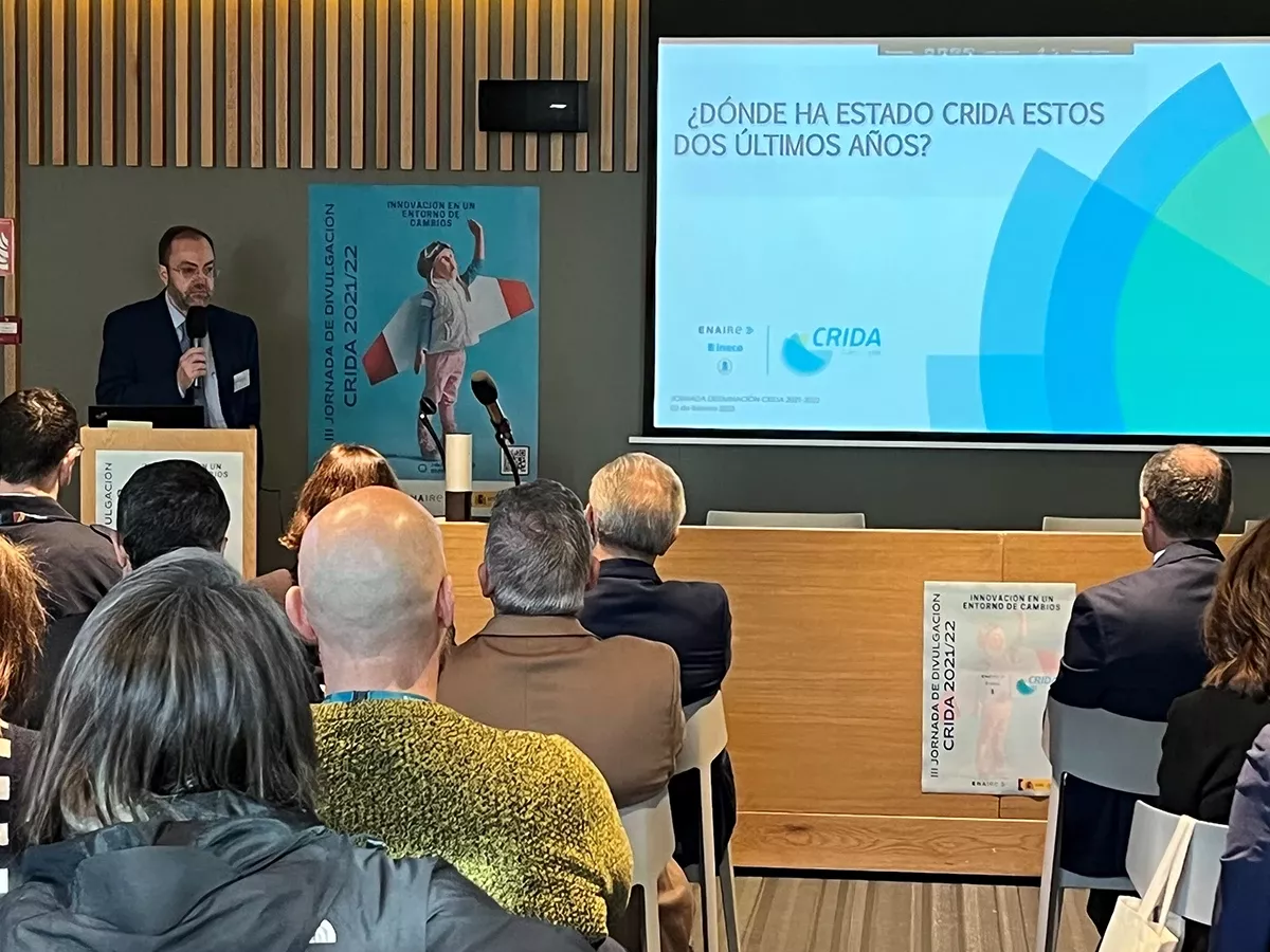 José Miguel de Pablo, director de CRIDA, filial de I+D+i de ENIARE, en su intervención en la jornada de divulgación. Foto: Enaire José Miguel de Pablo, director de CRIDA, filial de I+D+i de ENIARE, en su intervención en la jornada de divulgación. Foto: Enaire