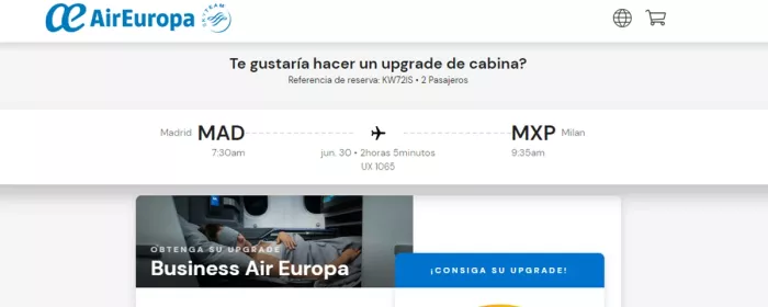 Captura de la web con el proceso de puja para actualizar un billete de turista a business. foto Air Europa.