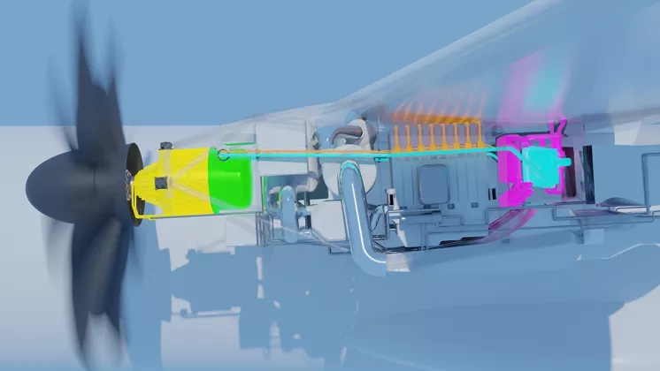 Recreaci�n en 3D del sistema de refrigeraci�n del motor el�ctrico del demostrador Cryoprop de Airbus UpNext. Foto: Airbus