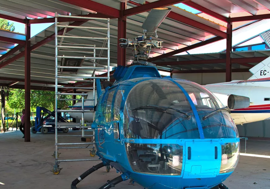 Helicóptero BO.105. Foto: Aviation Group Helicóptero BO.105 en las instalaciones de Aviatión Group en Fuenlabrada. Foto: Aviation Group