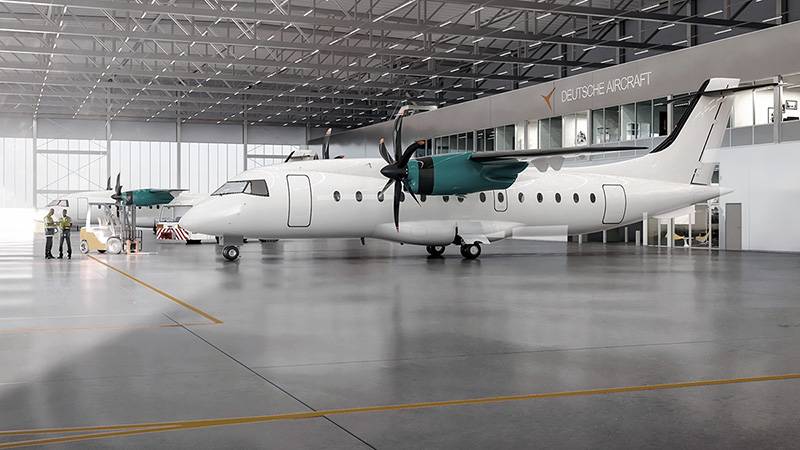 Imagen de un D328eco en un hangar. Foto: Deutsche Aircraft