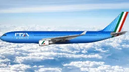 Recreacin por ordenador de un avin de ITA Airways en vuelo.